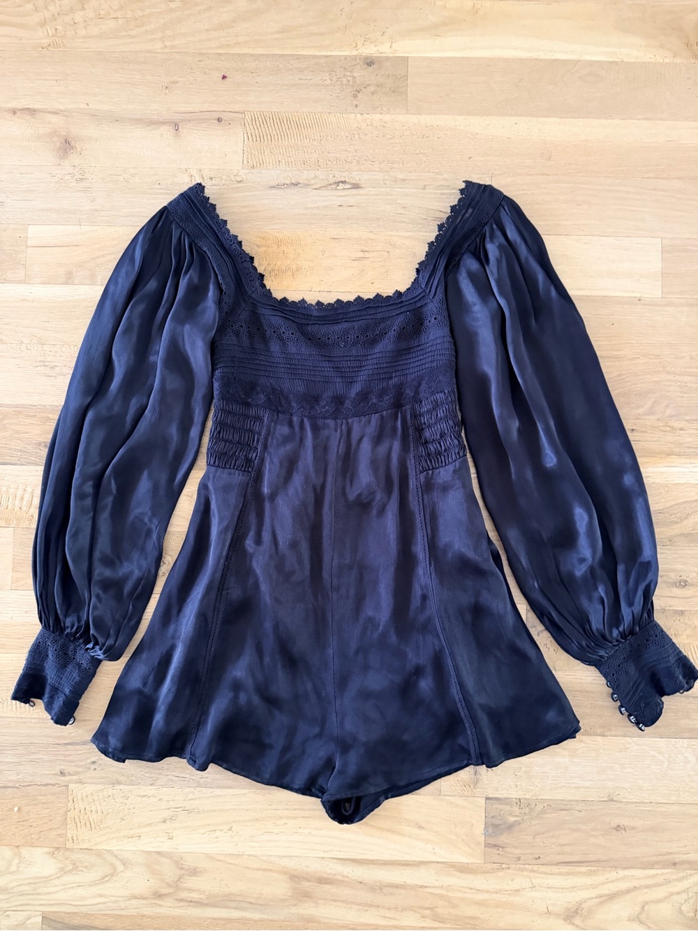 Free People Black Satin Square-Neck Romper